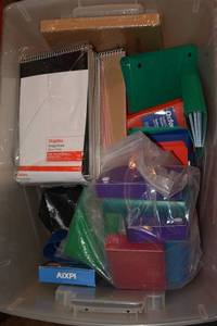 lot 263 image: Office supplies - notepads, address labels, binder clips and more. Tote not included - bring your own tote or box please.
