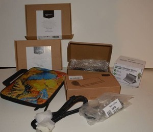 lot 272 image: Desk accessories lot - Speaker holder, Gravity storage stand, cables, portable keyboard in case
