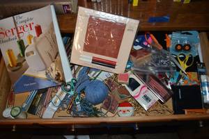 lot 303 image: Craft Drawer - rubber stamps, knitting needles, scissors and misc.