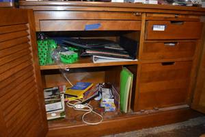 lot 293 image: Office supplies - tape, keyboard, pens, printer ink, mouses, and hanging files