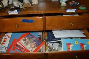 lot 301 image: 2 Drawer contents - cards, journal, Bible tabs, suction cups with metal hooks and more