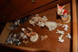lot 302 image: Small animal figurines in drawer. Plus vintage pill box.