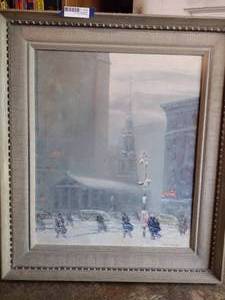 lot 292 image: Vintage famous winter oil painting signed Johann Berthelsen. Oil painting on canvas - St. Pauls Chapel New York City. Appears authentic.