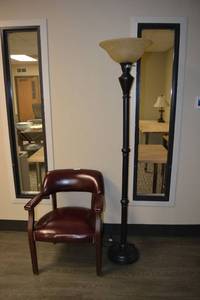 lot 3 image: Torchiere Floor lamp and Red arm chair with button trim by Mactavish Furniture