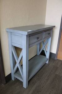 lot 5 image: Rustic Light blue Console table with 2 front drawers and side cross pieces - 38W x 14D x 34.5 Tall