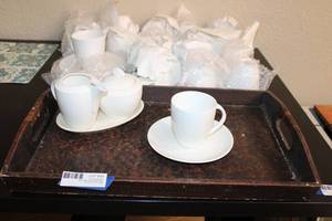 lot 30 image: Optima White Coffee mug set with serving tray - 18 cups, 5 saucers, cream and sugar dishes