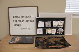 lot 36 image: Wood bulletin boards, framed verse of Matt. 54, bucket list map