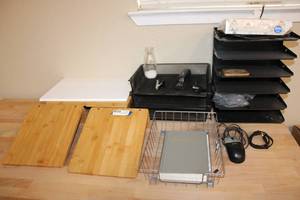 lot 39 image: Office Desk organizers, paper sorters, 3-part monitor riser, Poster paper, and computer mouse
