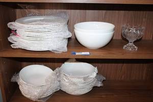 lot 44 image: Optima white dishes - approx. (2) salad bowls, (15) plates, (20) bowls plus crystal compote
