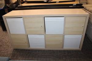 lot 61 image: Modern cube cabinet with alternating doors and pullout cubbies - 58W x 15.5D x 30 Tall, each square is 13x13
