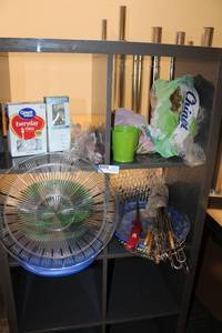 lot 66 image: Picnic Lot Plastic bowls and trays, Plastic forks and spoons, grilling skewers, and lighter