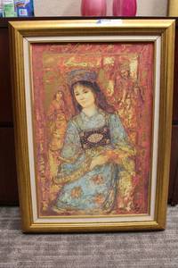 lot 86 image: Painting on canvas - looks like Hibel paintings (similar style, signature may be covered by frame) 21x29.5