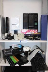 lot 96 image: Office Lot Keyboard, Desk organizers, tape dispensers, staplers, HDMI cable and splitter