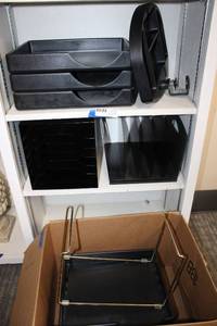 lot 97 image: Office Lot Metal paper sorters, plastic paper trays, Desk organizer with vise clamp