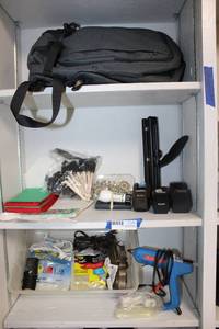 lot 98 image: Laptop Backpack, Glue guns and glue sticks, tape dispensers, sponge applicators, Christmas stationery and envelopes