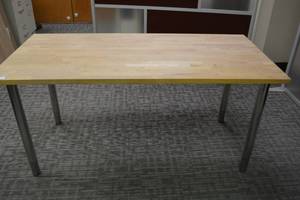 lot 118 image: Gerton IKEA Solid wood countertop table with Cable Pass through hole & chrome adjustable legs (adjusts from 27.5 to 43H) (SAME PICTURES USED FOR LIKE TABLES)
