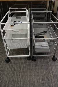 lot 126 image: (2) Elfa mesh drawer rolling file carts with contents as shown