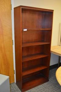 lot 132 image: 5-shelf Cherry colored Bookcase (shelves are screwed in) - 31.5W x 12D x 70 Tall