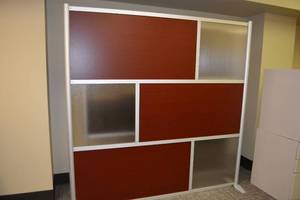 lot 143 image: Freestanding Office paneled Room Divider with metal frame - 76x76 reddish brown color and clear