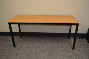 lot 159 image: Glossy natural wood finish Table with black metal legs - 63W x 24D x 29.5Tall