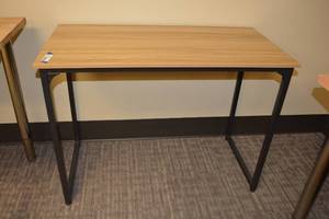 lot 169 image: Glossy natural wood finish Table with black metal frame - 39.5W x 20D x 29Tall
