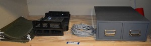 lot 176 image: Metal index card file holder box (14.5W x 16D x 7H), Cat-5e cable, Paper trays and hanging folders
