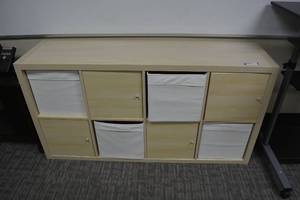 lot 182 image: Modern cube cabinet with alternating doors and pullout cubbies - 58W x 15.5D x 30 Tall, each square is 13x13