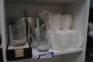 lot 68 image: (12) Whiskey Rocks glasses, stone coaster set, and ice bucket
