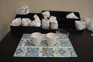 lot 31 image: Optima White Coffee mug set of 12 with coffee bar display trays as shown