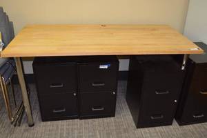 lot 136 image: Gerton IKEA Solid wood countertop table with Cable Pass through hole & chrome adjustable legs (adjusts from 27.5 to 43H) (SAME PICTURES USED FOR LIKE TABLES)
