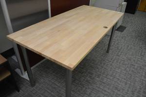lot 120 image: Gerton IKEA Solid wood countertop table with Cable Pass through hole & chrome adjustable legs (adjusts from 27.5 to 43H) (SAME PICTURES USED FOR LIKE TABLES)