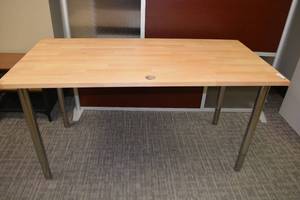 lot 186 image: Gerton IKEA Solid wood countertop table with Cable Pass through hole & chrome adjustable legs (adjusts from 27.5 to 43H) (SAME PICTURES USED FOR LIKE TABLES)
