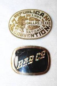 lot 91 image: (2) Belt buckles Republican Convention 1984 and Bad Co