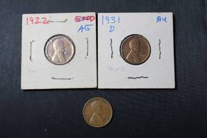 lot 101 image: Coins US Pennies - Marked AG1922, AU1931 D, and 1941 wheat penny