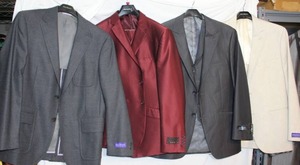 lot 48 image: Mens Clothes, see pictures  Saville Row 40R, Red 3-piece suit 40R, Steve Harvey jacket and vest, Saville Row light colored jacket