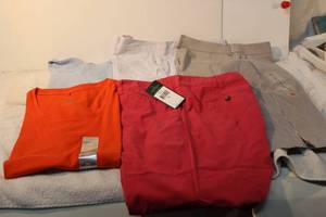 lot 59 image: Womens Clothes size L, see pictures  White Stag tops, Lauren Red jeans size 12, AK Sport stripe pant size 10