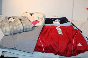 lot 157 image: Womens clothes size L  Adidas shorts, Chaps sweater LG, Tommy Hilfiger sweater LG, AK Sport pant size 12