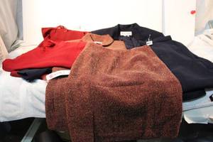 lot 159 image: Womens clothes  Rena Rowan sweater and pant size 8, Jones New York red sweater S, Rena Rowan size 6 skirt and jacket size 8
