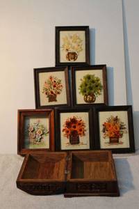 lot 169 image: 1970s Embroidered flowers framed artwork and wood box