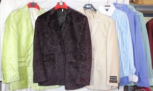 lot 41 image: Mens suits, jackets and shirts Green Manzini, Purple Insomnia, Light tan Stacy Adams 3-piece, dress shirts 15.534-35 to 18.534-35