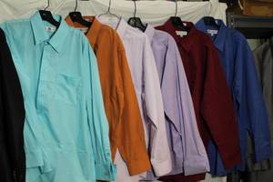 lot 45 image: Mens clothes Dress shirts - Blue 17.534-35, orange 17.534-35, purple 17.534-35, red 1734-35, and blue 1734-35