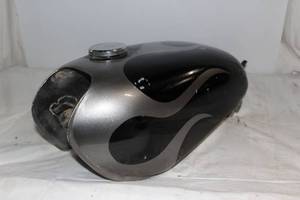 lot 66 image: 2001 Honda Rebel 250 gas tank - Black with Silver Flame Motorcycle Fuel Tank