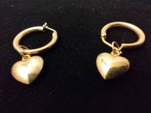 lot 113 image: Jewelry 14K yellow gold hoop earrings with heart dangles. Marked 585