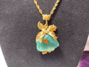 lot 202 image: Jewelry Vintage revival gold tone and frosted green glass 16L necklace. Has the makers mark of a square with a Capital R.