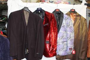 lot 231 image: Mens Clothes Tazio jacket 50R, Red sequins Insomnia jacket M, Insomnia purple flower jacket, R. Lewis Brown stripe jacket 2X