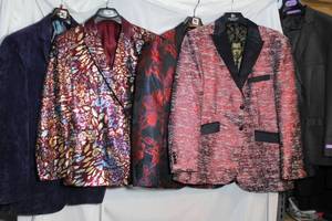lot 276 image: Mens Clothes Empire XL, Fabio Fabrinni red flower jacket, Blu Martini Sequin jacket, Inserch navy blue XL