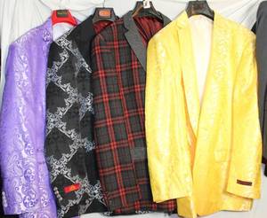 lot 278 image: Mens Clothes Insomnia Yellow 5XL, Bruno Conte redblack plaid 4XL, R. Lewis blacksilver 3XL, Insomnia purple paisley jacket 4XL