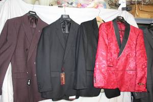 lot 284 image: Mens Clothes Fabio red flower jacket 46R, Inserch 40S, Stacy Adams purple suit