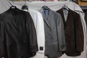 lot 286 image: Mens Clothes Imani pin-stripe 38, Vitto white suit, Vitali, Cosani brown suede 40R