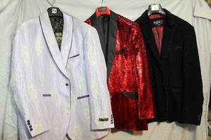lot 290 image: Mens Clothes Empire 4X purple jacket, Insomnia red sequin 3X, Prestige black 5XL